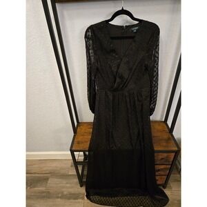 Lauren Ralph Lauren Midi Dress Sheer Polka Dot Long Sleeve Black Size 8